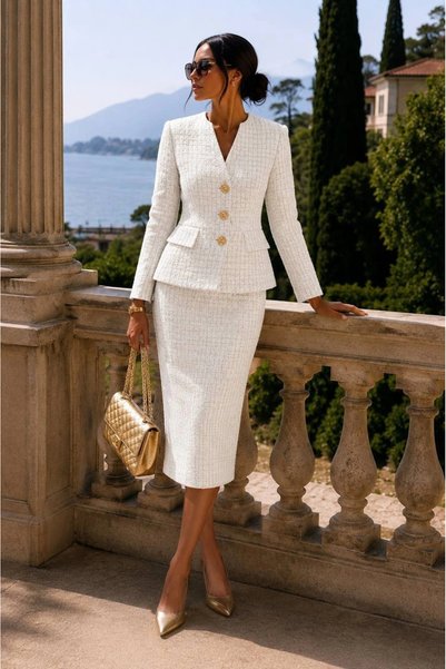 bysocafashion Women's White Gold Buttoned Tweed Jacket Midi Pencil Skirt Doub...