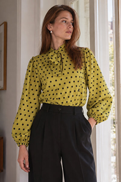 armonika Women's Pistachio Green Blouse with Tie Collar and Elastic Sleeves A...