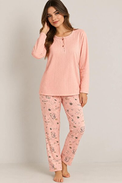 Yarım Pat Düğme Fitilli Polarlı Pijama Takımı
