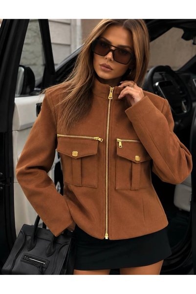 bysocafashion Women's Tan Suede Jacket with Stand Collar, Long Sleeves, Gold ...