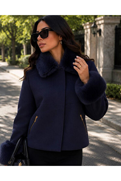 bysocafashion Women's Navy Blue Fur Cuffed Fur Collar Short Jacket with Gold ...