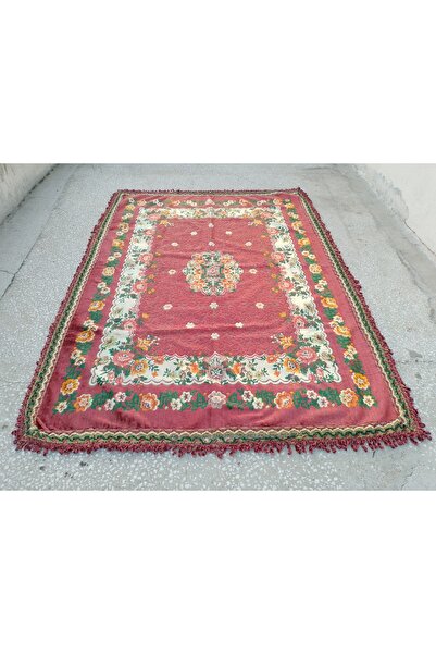 ŞAHMERDANOĞLU Burgundy Velvet Tablecloth Floral Tufted Sofa Cover with Silk-L...