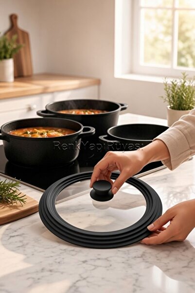 RENK YAPI RÜYASI 24/26/28cm Compatible Glass Silicone-Edged Lid for All Types of Pots and Pans Compatible Glass Pot and Pan Lid