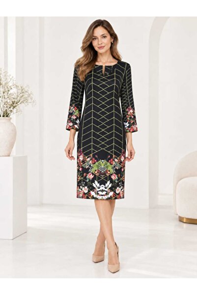 Bad Ro26-74(2) - Rochie damă neagră cu desen geometric și bordură florală la ...