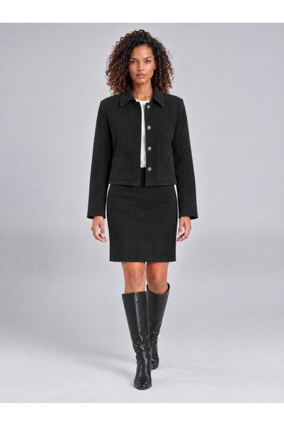 Bold & Young Women's Black Suede Buttoned Pocket Jacket