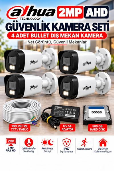DAHUA 4'LÜ 2MP AHD Full Color Renkli Gece Görüş Sesli Kamera Seti