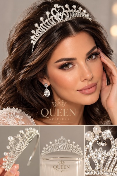 QUEEN AKSESUAR Luxurious Pearl and Crystal Stone Swan Figured Princess Special Occasion Crown for Women and Children Compatible Metal Crown