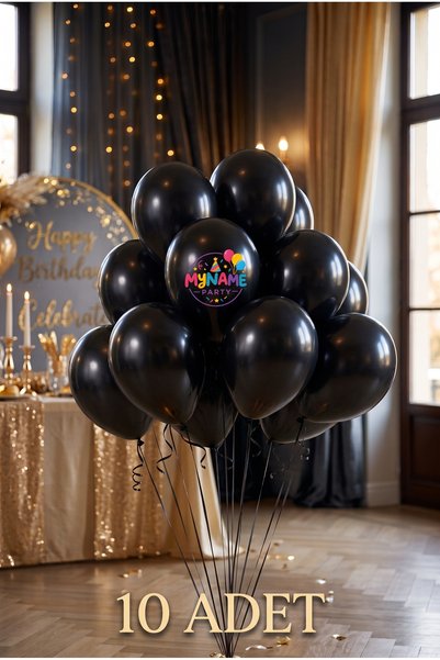 medeye 10'lu Metalik Siyah Balon 30 cm (12 İnç) Parlak Lateks Doğum Günü Nişa...