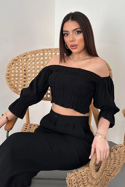 bysocafashion طقم نسائي مكون من قطعتين: بلوزة قصيرة سوداء بياقة كارمن وأكمام ...