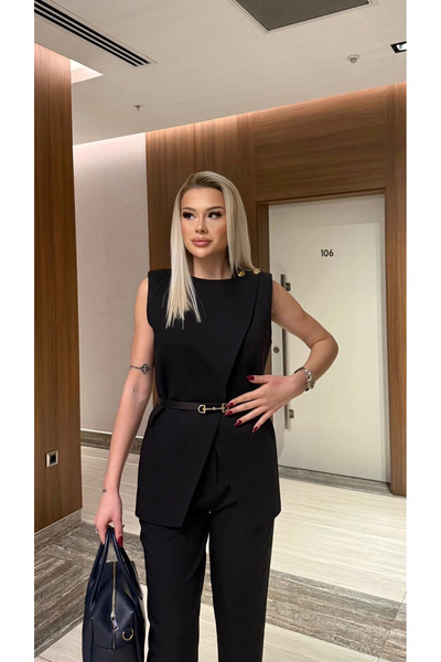 bysocafashion طقم نسائي من قطعتين من القماش، سترة سوداء بدون أكمام بأزرار على...
