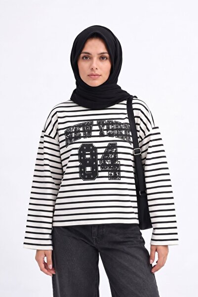 Kozik Black and White Striped New York Printed Women's Long Sleeve T-Shirt