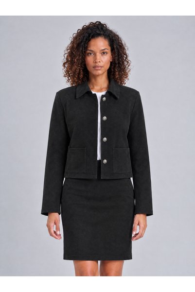 Bold & Young Women's Black Suede Buttoned Pocket Jacket