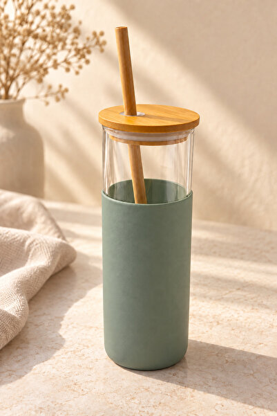Funny Life Bambora 550 ml Glass Flask with Bamboo Lid and Bamboo Straw, Water...