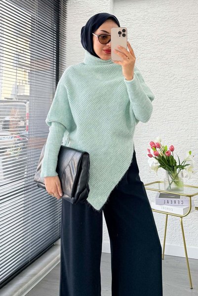 MELEK ARAZ Premium Turtleneck Asymmetrical Cut Knitwear Blouse - Mint