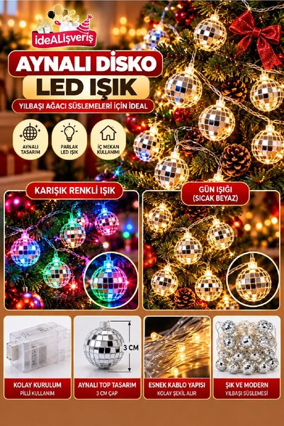 Bkmc Aynalı Disko Toplu LED Işık Yılbaşı Ağacı Süsleme Işığı Karışık Renkli ve Gün Işığı Seçenekli Dekoratif Tel LED