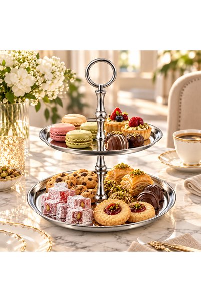 Fiyakalı Ürünler Atölyesi 2-Tier Round Stainless Steel Presentation Tray, Cookie Tray, Macaron Tray, Makeup Organizer, Jewelry Stand 19X15 cm