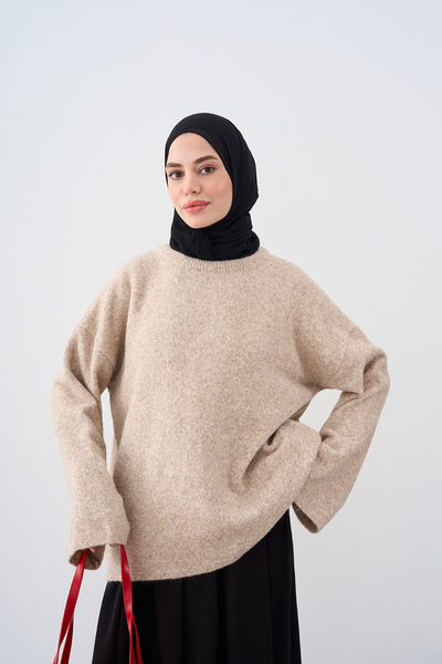 LOCCO Women's Oversize Low Sleeve Knitwear Sweater Beige