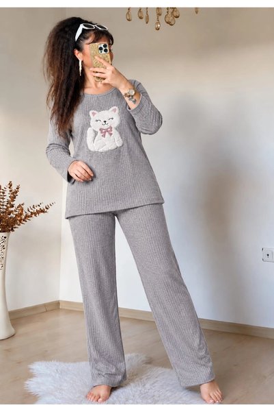 AZRA BUTİK Kedicik Desen Pijama Takımı Gri