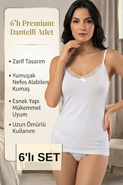 6 Adet Kadın Pamuklu İnce Askılı Dantelli Fiyonk Detaylı Yumuşak Atlet Seti