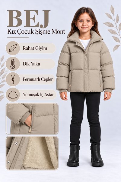 AHENGİM Beige Lilac Girls' Inflatable Coat with Stand Collar, Zipper and Pockets, Plush Lining Ak4304