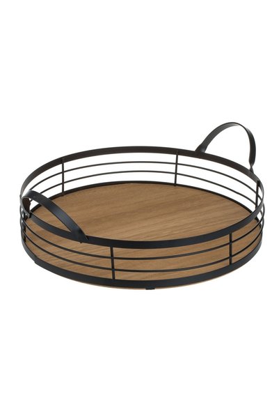 OEM Tavă Rotundă din Lemn Bej-Maro Ø30x6 cm cu Mânere Metalice Negre