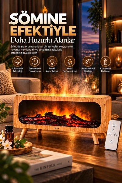 Happy Owl Kumandalı Şömine Efektli Hava Nemlendirici Buhar Makinesi LED Alev Görünümlü Dekoratif Ahşap Difüzör