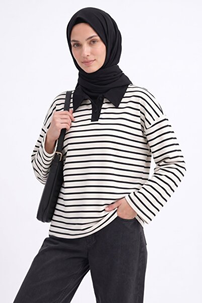 Kozik Tricou cu mânecă lungă, cu guler polo, 100% bumbac, cu dungi alb-negru