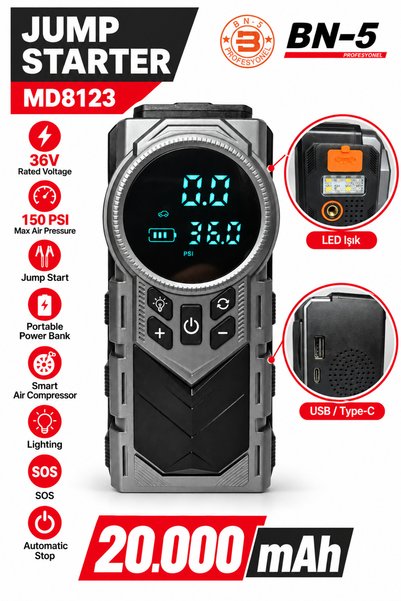 BN5 Çok Fonksiyonlu Akü Takviye Cihazı - Lastik Şişirme - LED Işık - 20.000 mAh Batarya - 150 PSI