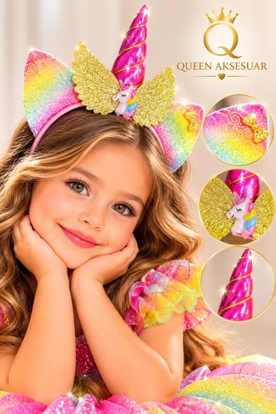 QUEEN AKSESUAR Coroană cu coarne de unicorn, de culoare metalizată, roz fucsi...