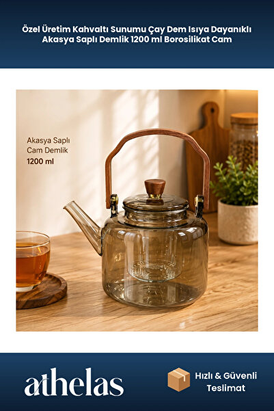 Athelas Özel Üretim Kahvaltı Sunumu Çay Dem Isıya Dayanıklı Akasya Saplı Demlik 1200 ml Borosilikat Cam