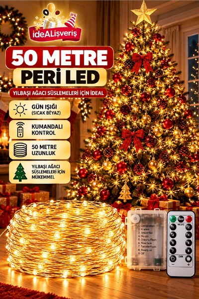 Bkmc Yılbaşı Ağacı 50 Metre Kumandalı Gün Işığı Peri LED Tel Işık – Yılbaşı Ağacı Süsleme ve Dekoratif Aydınlatma LED Tel Işık Gün Işığı Kumandalı Fonksiyonlu Peri Led