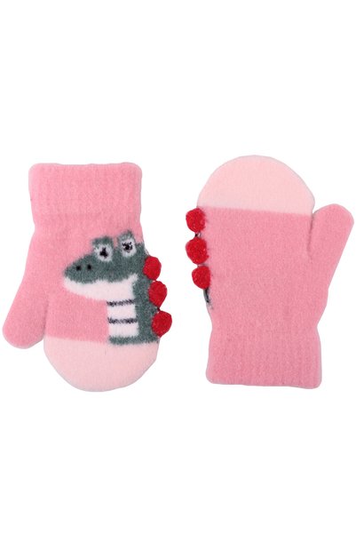 Modabay Parmaksız Çocuk Örgü Eldiven 1-3 Yaş Pembe Koyu Dinazor Desenli Model...