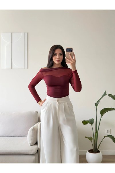 Zoom Butik Tül Detay Kayık Yaka Bluz - BORDO
