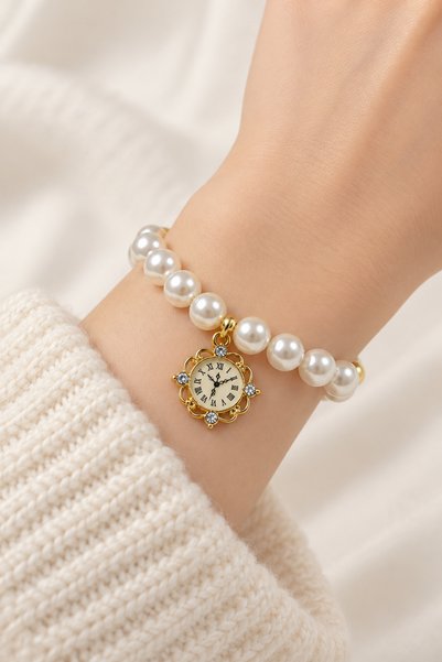 MakeWell Women's Pearl Bracelet Rainbow Tree of Life with Cherry and Clock Figures Charm Detailed Adjustable Stylish Bracelet