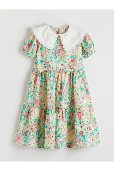 LC Waikiki Rochie din poplin pentru fete cu guler Peter Pan și model floral