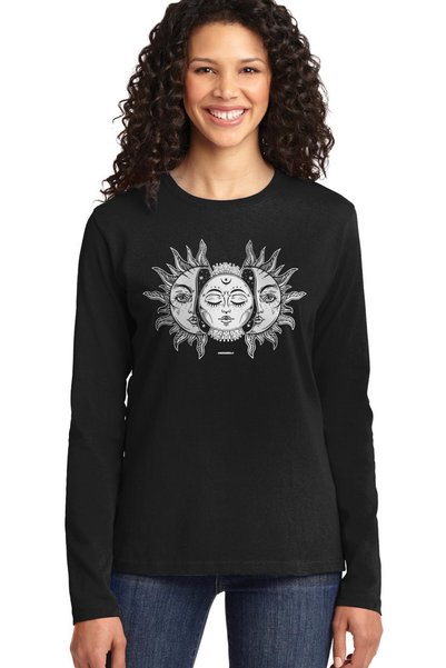 ROCKANDROLL Moon Sun Black Long Sleeve Relax Fit Combed Cotton Women's T-Shirt
