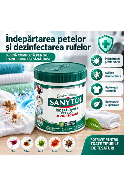 Sanytol Pudră pentru Îndepărtarea Petelor și Dezinfectarea Rufelor, acțiune i...