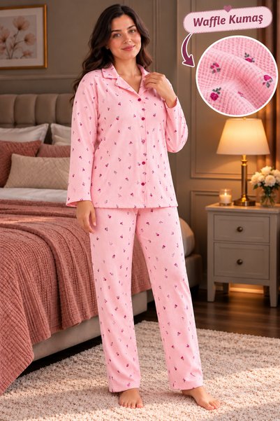 KZY ELİZ Kadın Büyük Beden Waffle Kumaş Önden Düğmeli Uzun Kollu Pijama Takım...