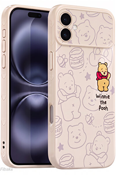 Fibaks iPhone 16 Kılıf Winnie the Pooh Desenli Kamera Korumalı Kalp Detaylı E...