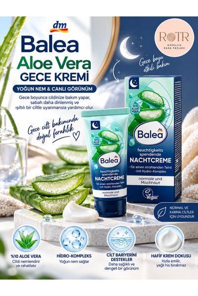 BALEA Aloe Vera %10 Nemlendirici Gece Kremi – Normal ve Karma Ciltler İçin Yo...
