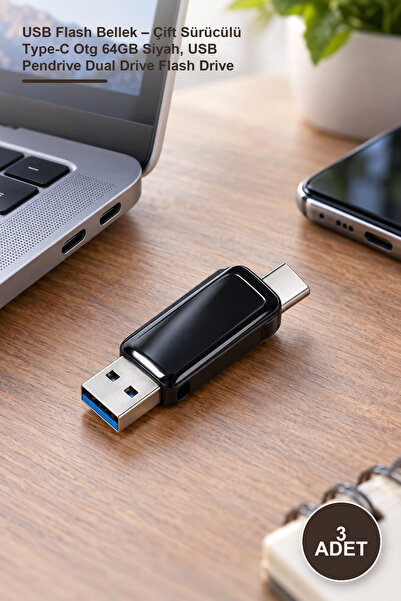 Yenilig 3 Adet USB Flash Bellek – Çift Sürücülü Type-C Otg 64GB Siyah, USB Pendrive Dual Drive Flash Drive