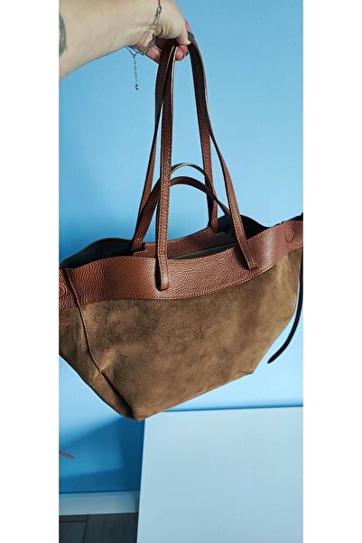Miri Concept Geantă damă Shopper din piele naturală și velur, Mânere duble și șnururi laterale