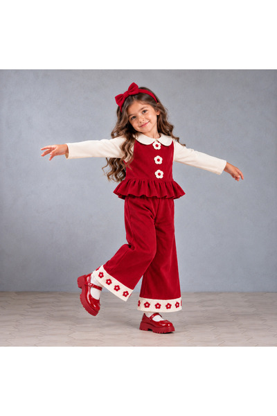 AduraKids Kız Çocuk Çiçek Düğmeli Fırfırlı Kadife 3'lü Takım