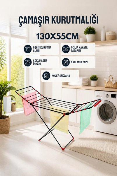 D&Y GAUDERY Siyah Kalın Telli Katlanır Kanatlı Çamaşır Kurutmalık Askılığı Ex...