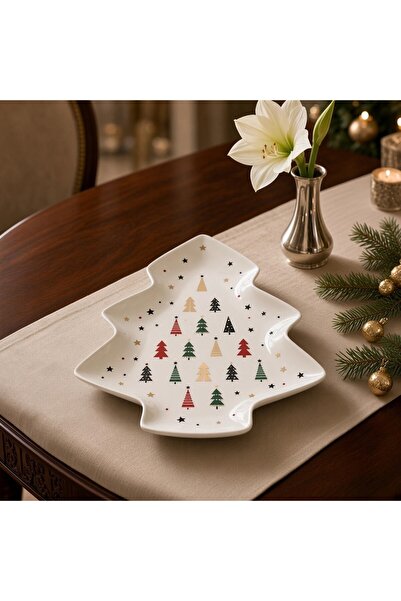 Ornament24 Platou pentru servire masa de Craciun, in forma de brad, portelan,...
