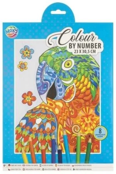 Moxy Set creativ, Coloreaza pe numere, A4, 8 creioane colorate, papagal,