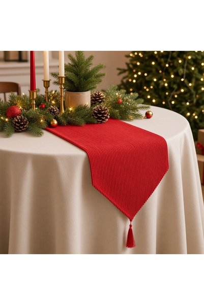 Ornament24 Traversa de masa pentru Craciun din material textil raiat cu ciucu...