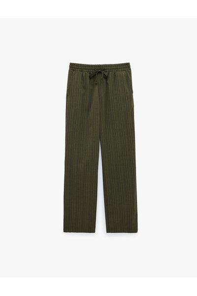 Koton Viscose Blended Striped Trousers with Elastic Waist, Lace-Up and Pockets