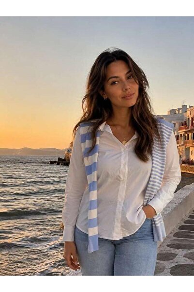 Glamorous Style Γυναικείο Λευκό Πουκάμισο Σετ με Βαμβακερό Πουλόβερ