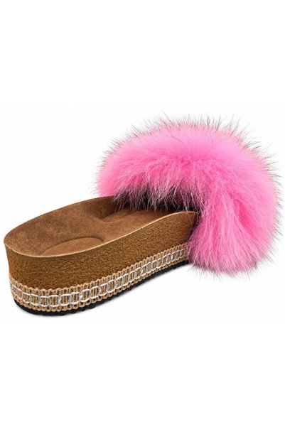 PAPUCUMUN DÜNYASI Women's Genuine Leather Thick Soled Real Luxury Fur Slippers